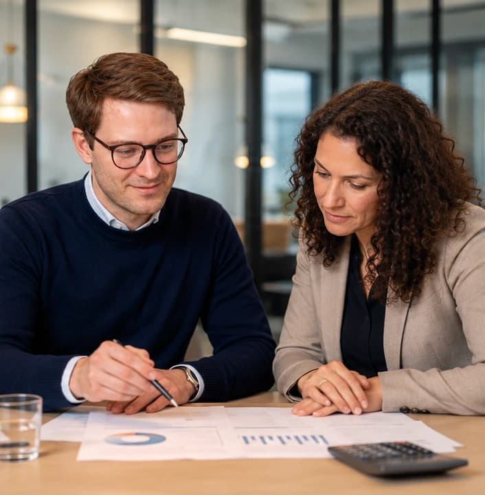 Juri Galkin und eine Kundin prüfen gemeinsam Unterlagen